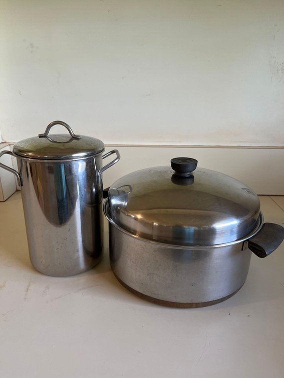 Revere Dutch oven, cooking pot and stainless steel steamer with detached wire rack