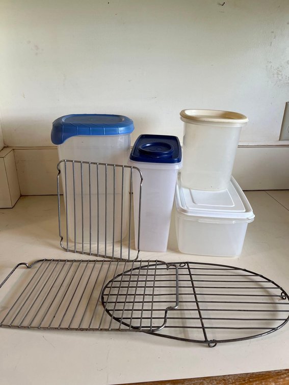 plastic food storage, and wire racks for cooling or cooking