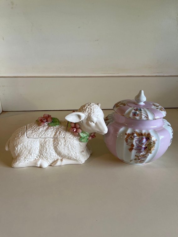 Pink porcelain jar with matching top. Lamb with porcelain flowers.