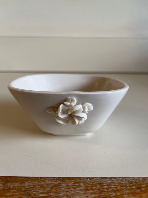 handcrafted white porcelain bowl with Plumaria flowers