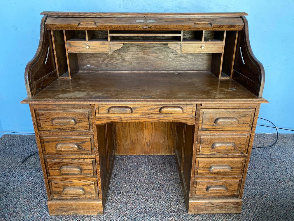 Vintage Oak Crest Wood Rolltop Desk with Key 