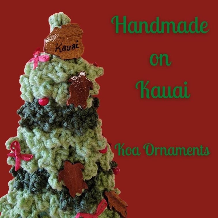 Crocheted Christmas Tree Decoration with Koa Wood Turtles and Koa Reindeer