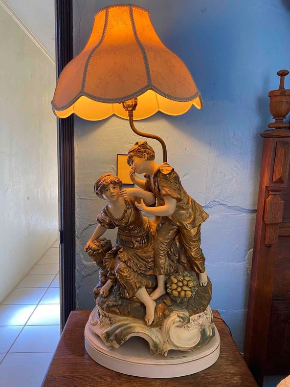 Vintage Victorian Scene Ceramic Base Lamp with Glass Shade 