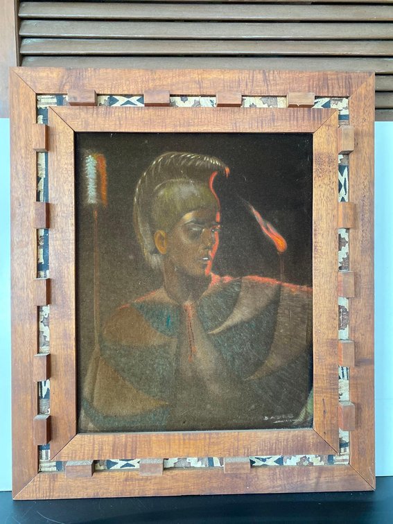 Ornate Wood Framed Hawaii Tribal Art on Velvet Like Material