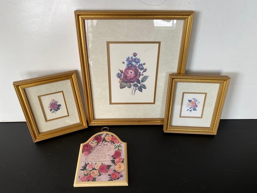 Framed Floral Prints and "Love" Wall Hanging 