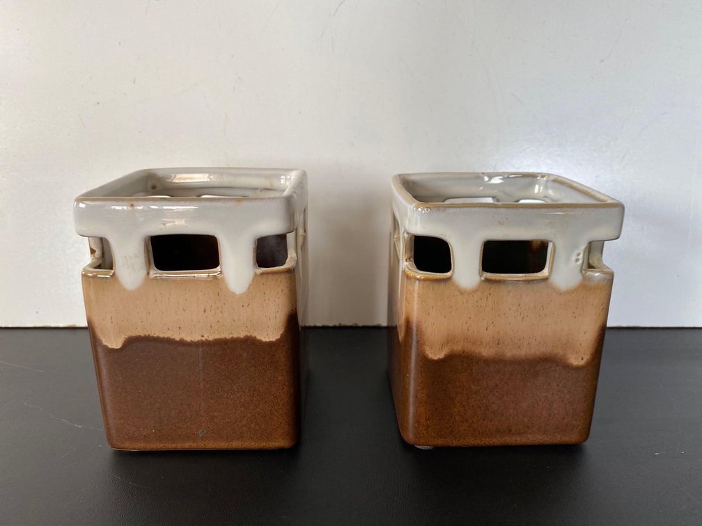 (X's 2) Glazed Square Pottery Decor Canisters or Candle Holders