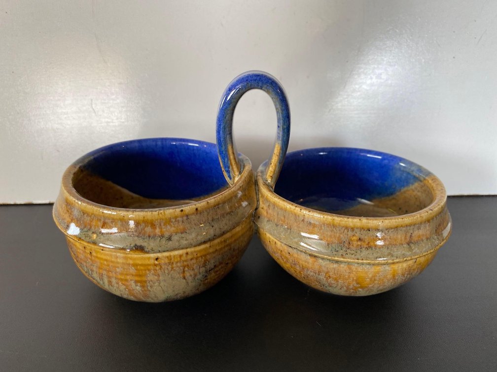 Glazed Ceramic Double Bowl Decor Piece 