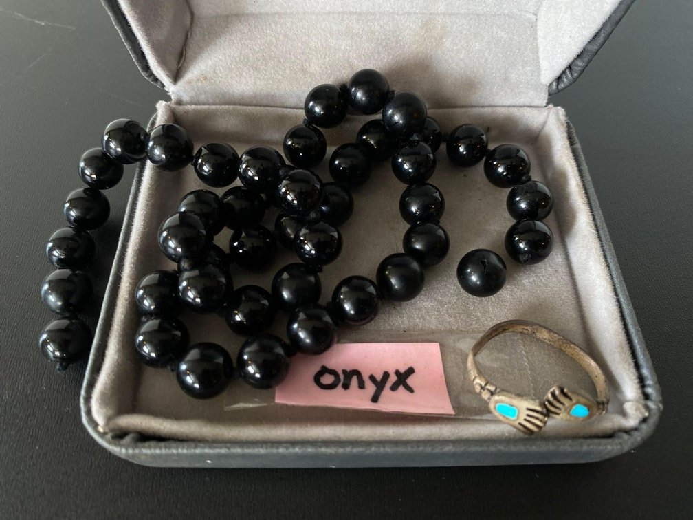Stain of Black Onyx Beads with Very Small Metal with Turquoise Like Inlay 
