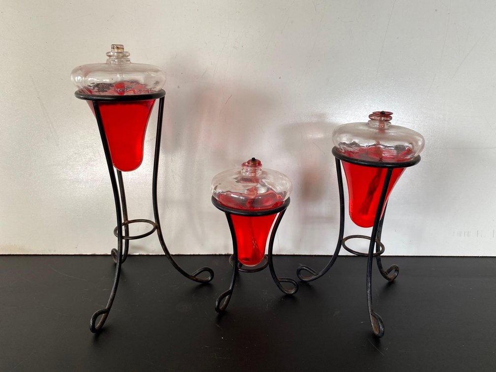 (X's 3) Glass Oil Candles in Black Metal Stands 