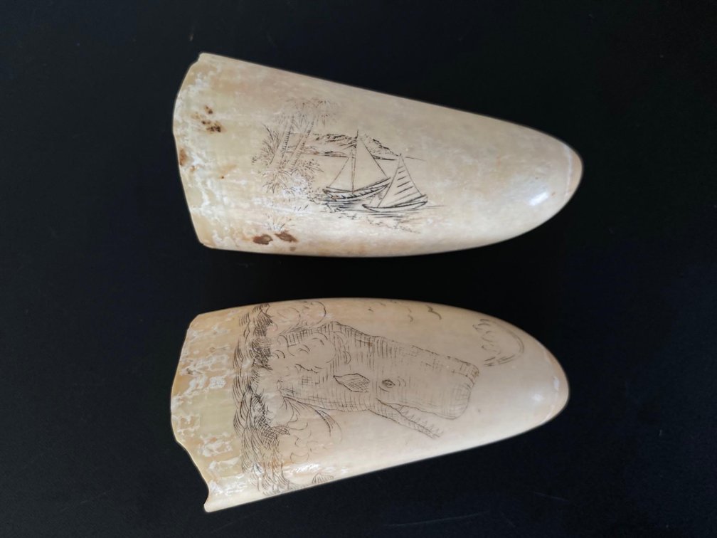 (X's 2) Stone Whale and Sail Boat Artist Etches 