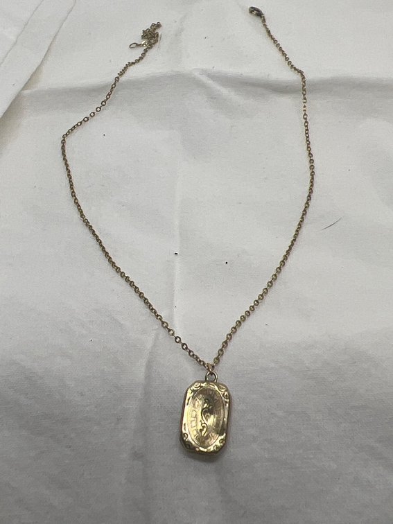 14k Solid Gold Childs necklace from Vintage store dated 1932 Catholic pendant