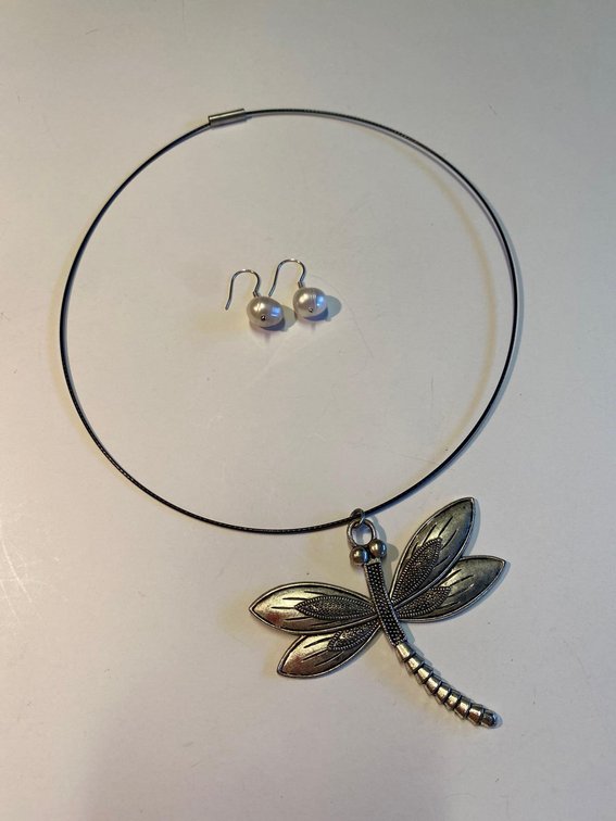 Pair of Fresh Water Pearl Earrings & Dragonfly Pendant Necklace