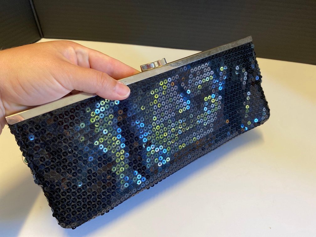 Black Sequin Clutch with Silver Chain 