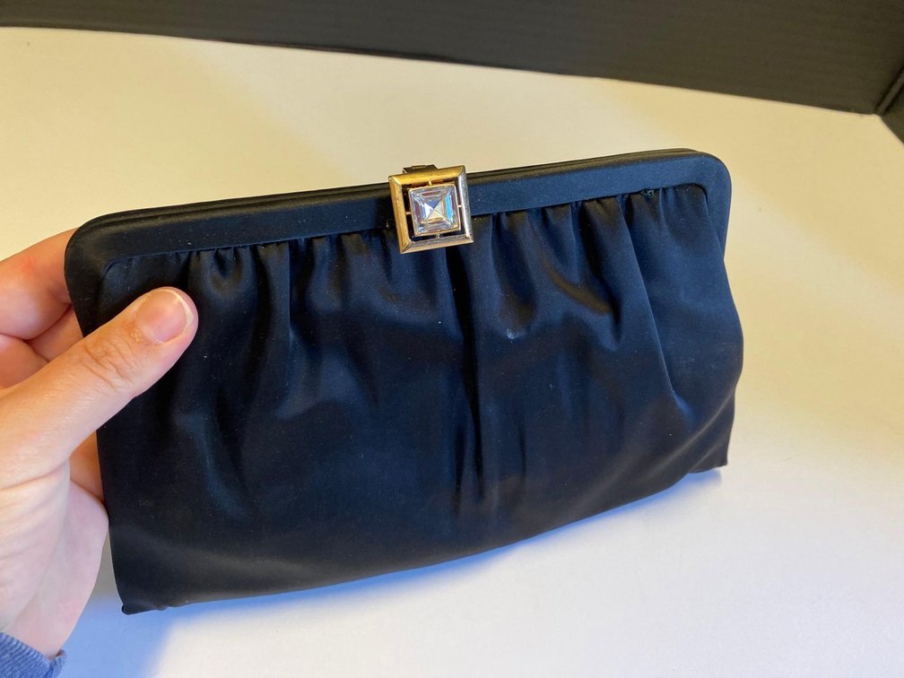 Black Satin Clutch with Gold Chain