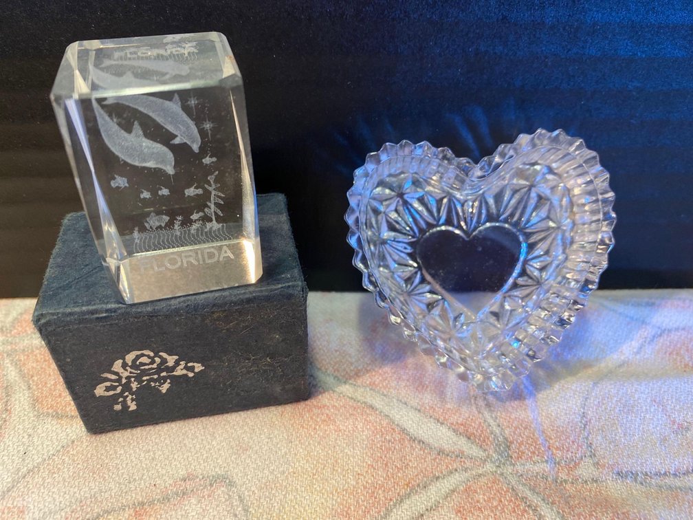 Laser Etched Glass Dolphin Florida Memento and Glass Heart Dish