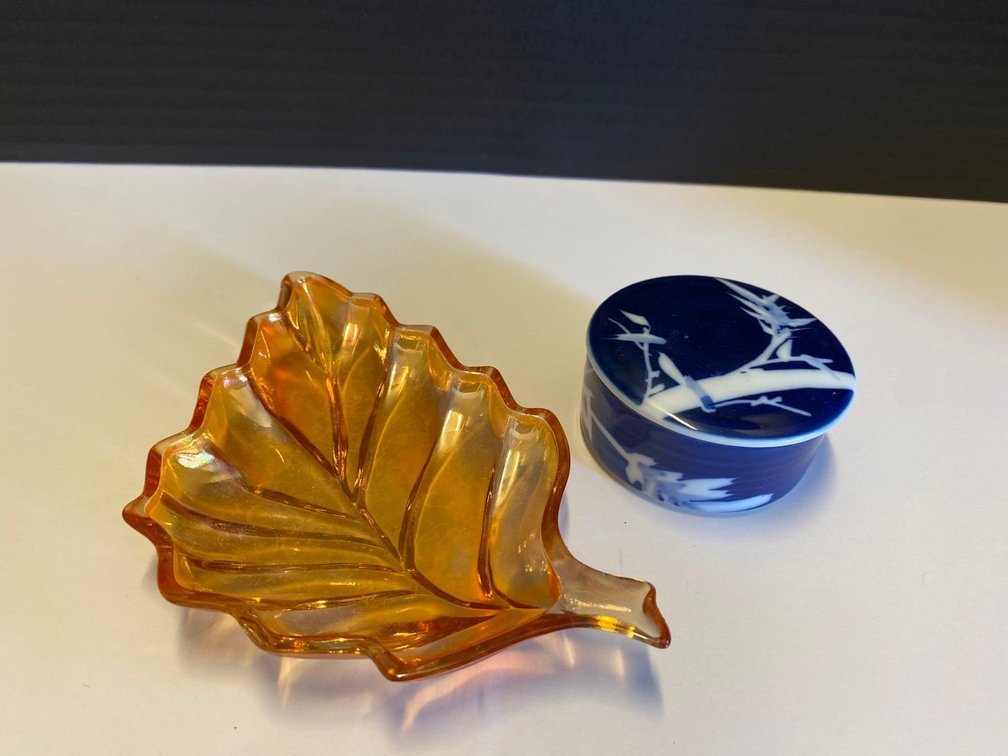 Vintage Glass Leaf Dish & Ceramic Container with Cover