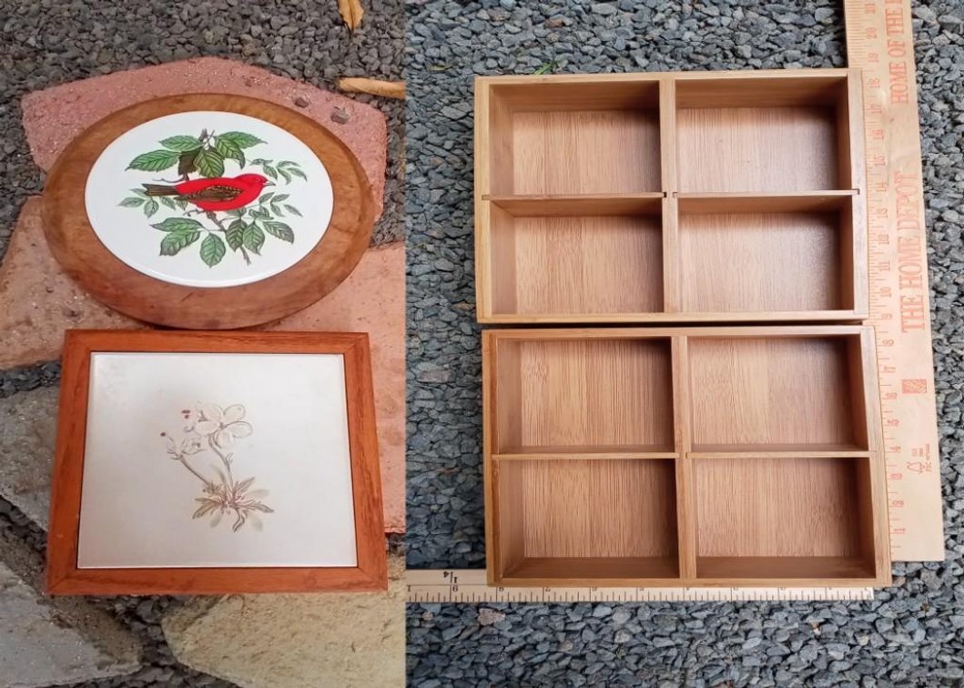 ​​​​​​​Two (2) Decorative Tile Trivets  AND two trays wooden trays with dividers