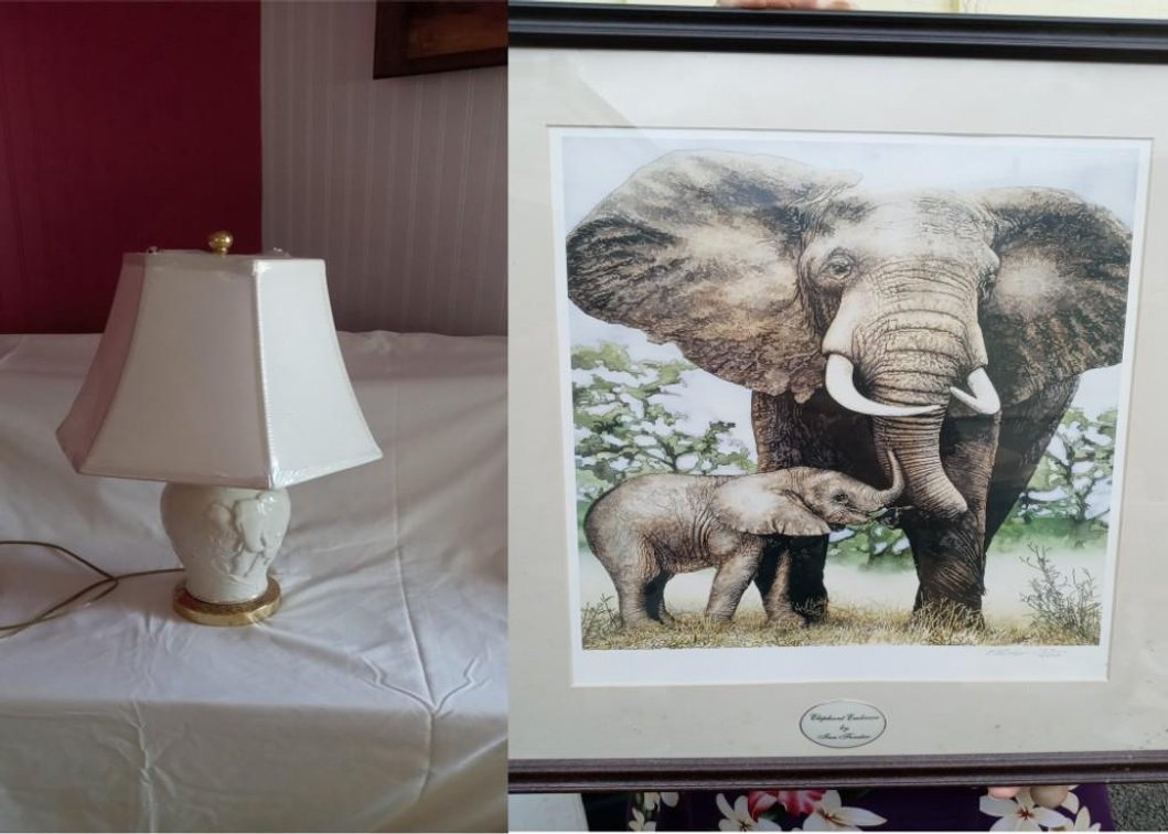 Framed Lenox Elephant Print and  Lenox Elephant Lamp