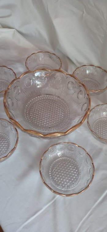 Gold-rimmed salad set  Round serving bowl + six salad dishes  Depression era