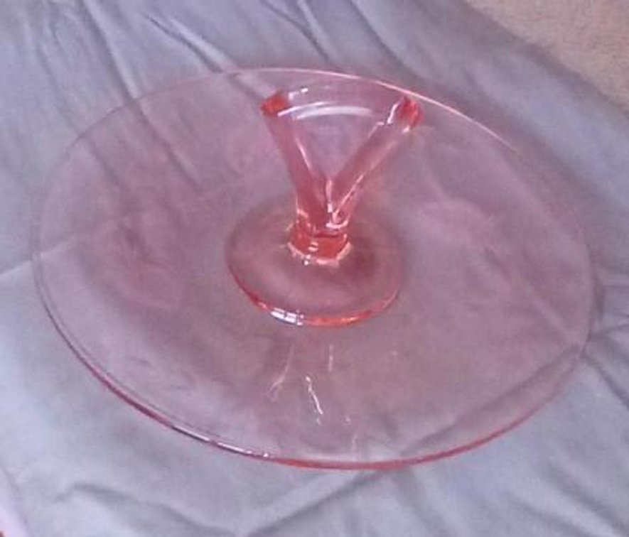 Pink Depression Glass Sandwich Server with etched Rosebud. Excellent condition