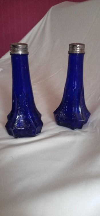 Cobalt blue salt and pepper shakers. Reproduction - depression glass 