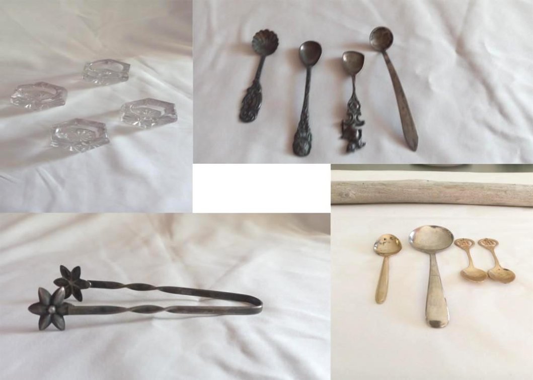  4 Glass Salt Cellers, Sterling Silver Sugar Tongs & Salt Celler Spoons