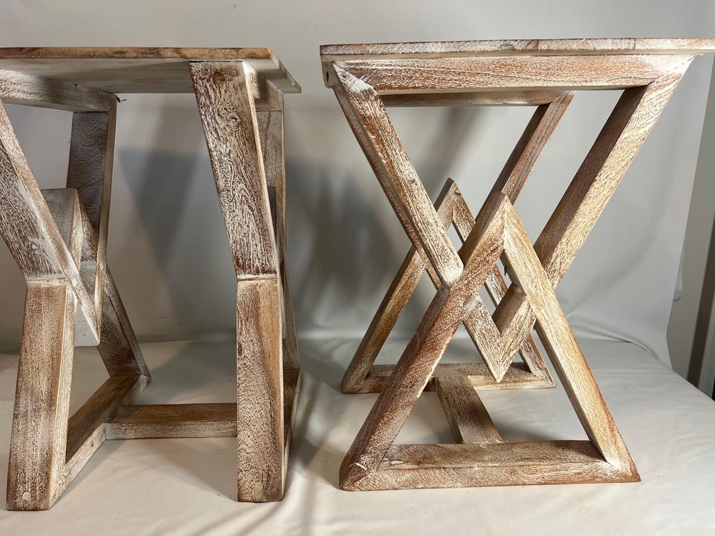 2 hardwood whitewashed side tables 