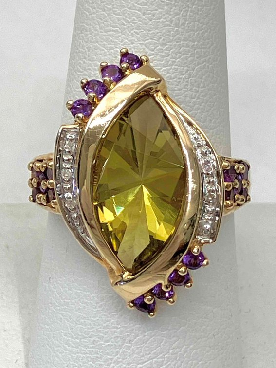 10K Fine Gold Ring with Diamonds, Amethyst and Peridot 
