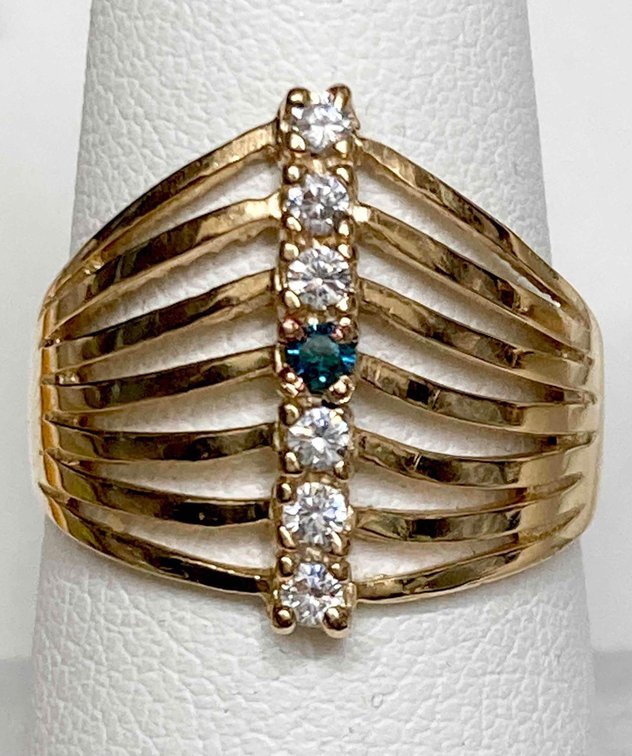 10K Fine Gold & Blue Diamond Ring with White Side Stones!