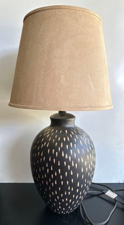 Dark Brown Table Lamp with Tan Tear Drop Pattern Ceramic Base