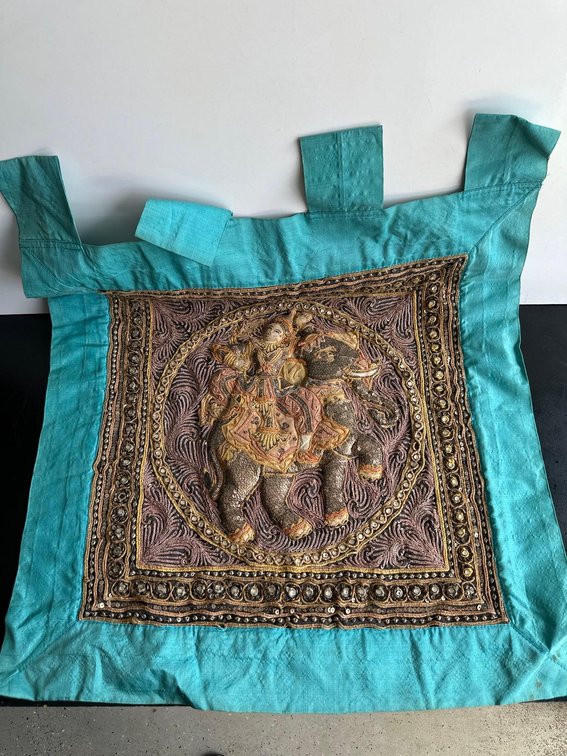 Vintage Wall Hanging Indian Tapestry on Green Fabric