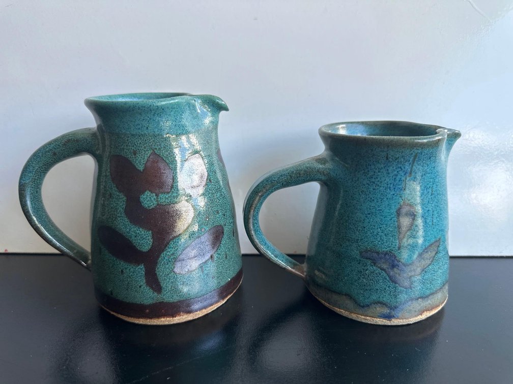 (X's 2) Blue-Green Wheel-Thrown Pottery Pitchers