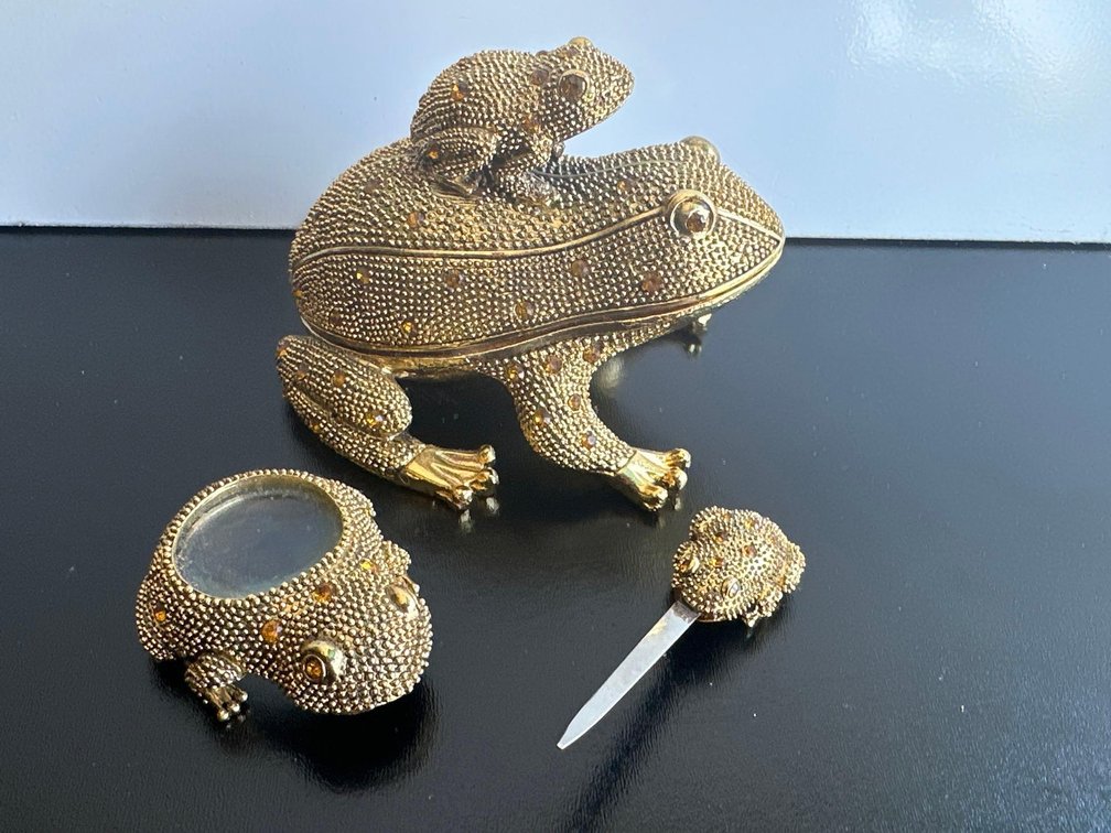 Set of Three Jeweled Frog Desk Magnifying Glass, Letter Opener and Hinge Box 