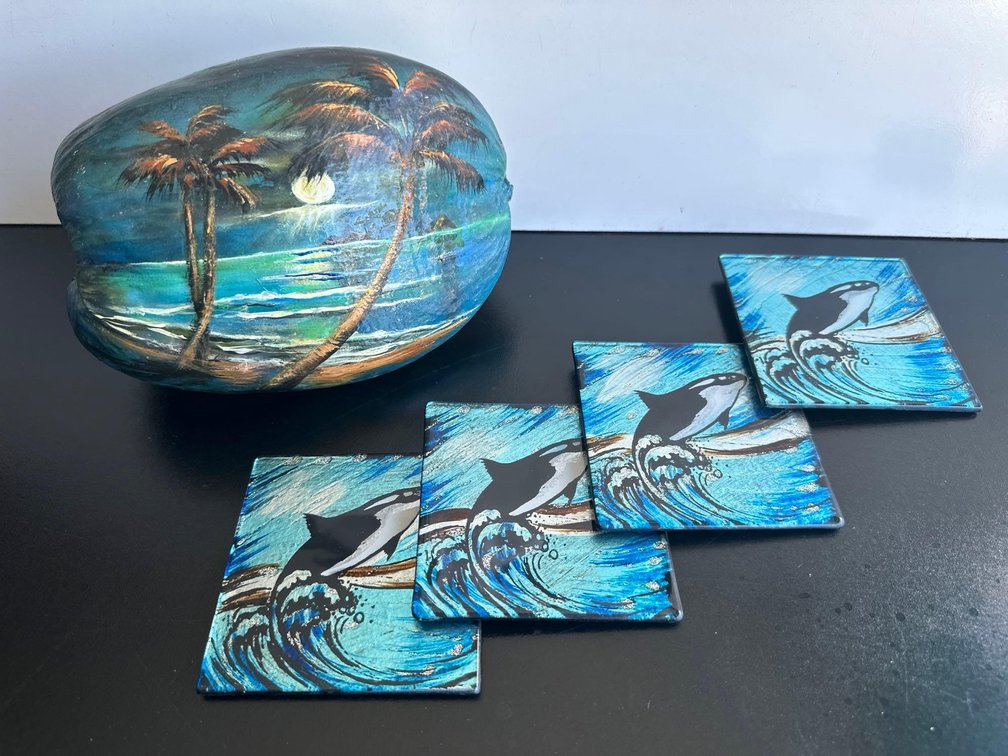 Hand Panted Moonlight Beach Scene Coconut and Glass Orca Whale Coasters 