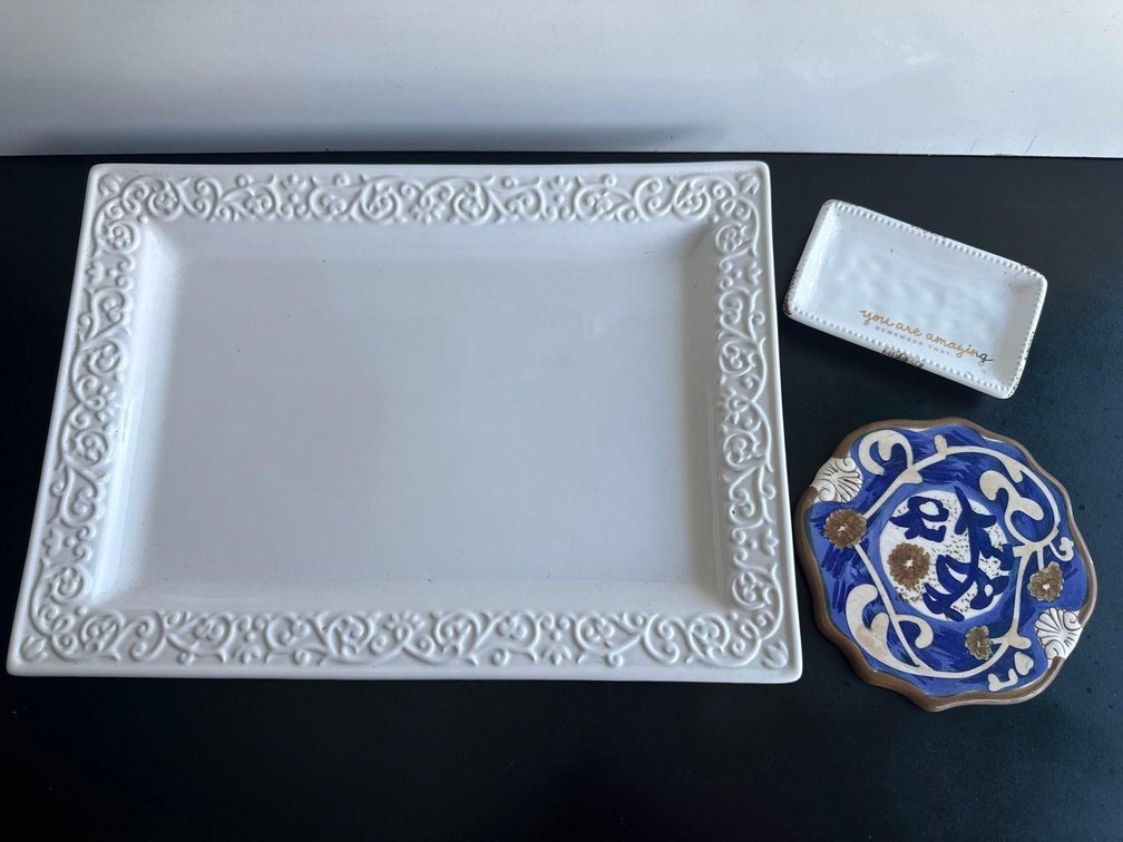 17" White Display Plate and Two Trinket Dishes 