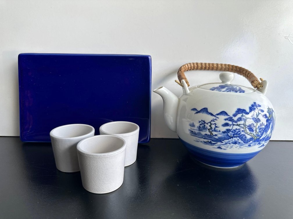 Asian Blue and White Teapot with Tea Cups and Platter 