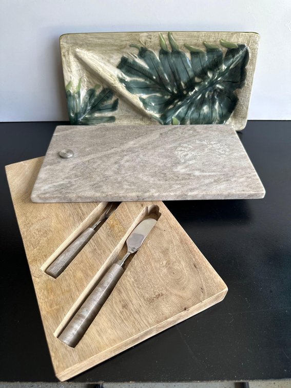 Marble Slide Top Cheese Board and Ceramic Tropical Leaf Serving Dish 
