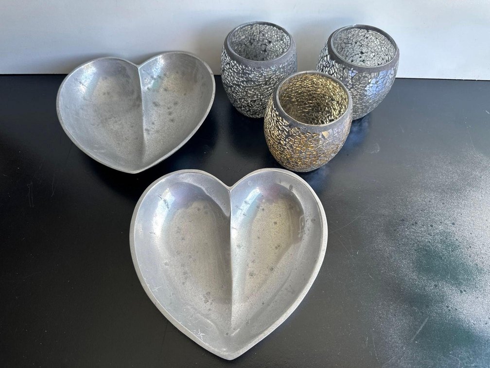 Silver Colored Heart Dishes and Crackle Design Candle Holders 