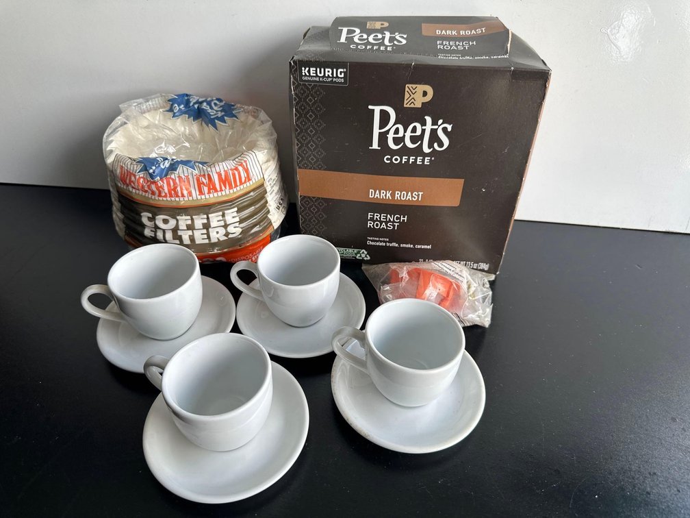 Peets Coffee Dark Roast Keurig Pods, Coffee Filters and White Cups with Saucers 