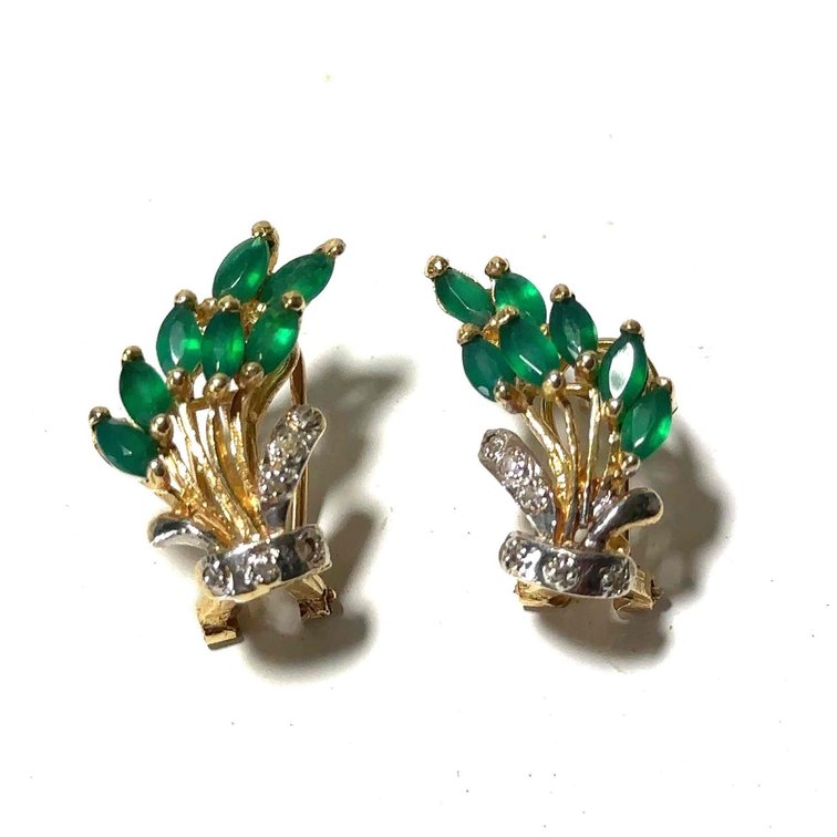 Unmarked Tested Emerald and Diamond Feather Design Earrings