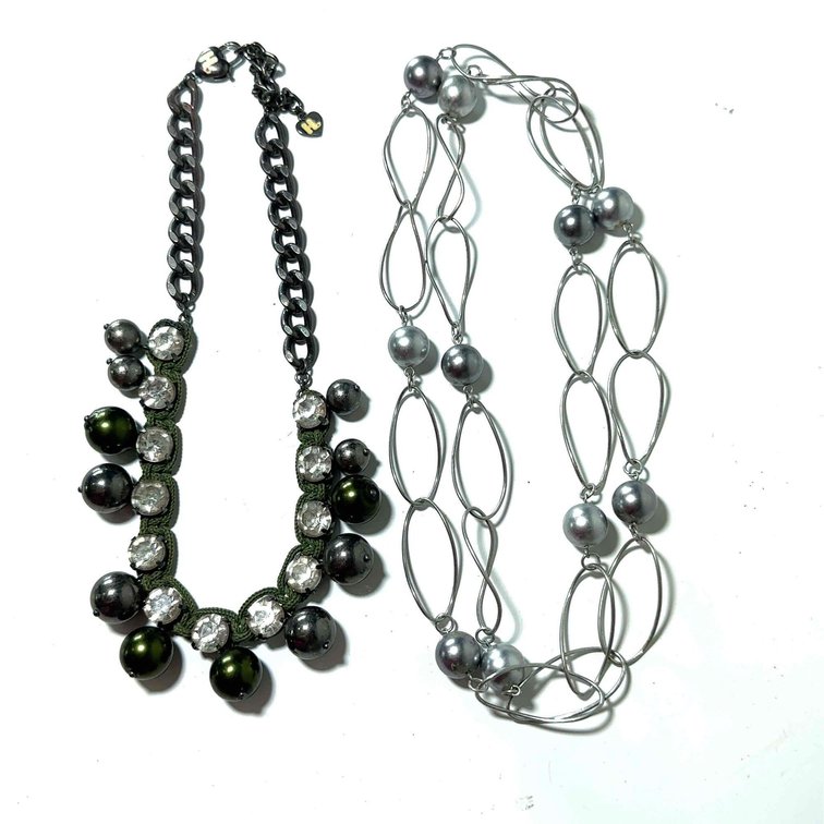 Two Unmarked Oval and Ball Silver Pendant Necklaces