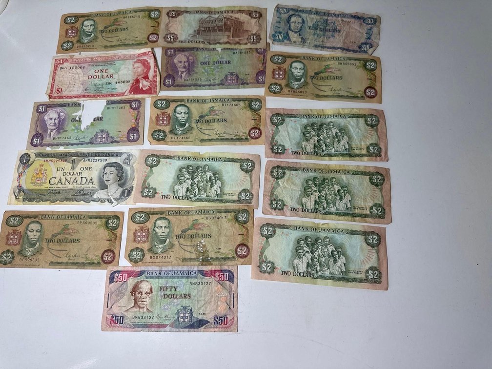 Jamaican, Canadian, East Caribbean Currency Dollar Bills