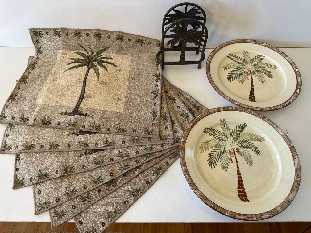 Island Style Coconut Tree Theme Placemats, Napkin Holder and Plates 