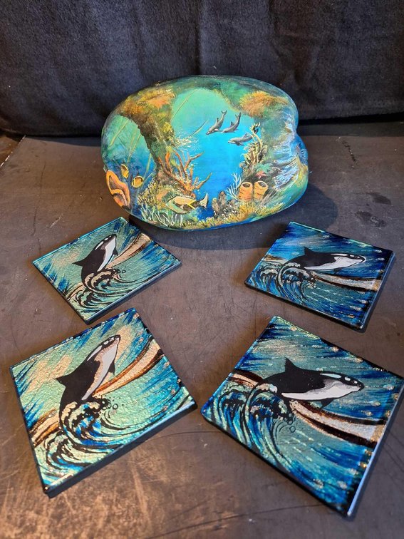 Handpainted Coconut and coasters