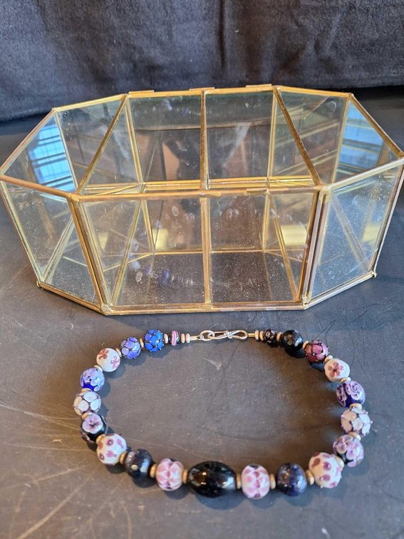 Glass Jewelry Box with Purple beaded chocker