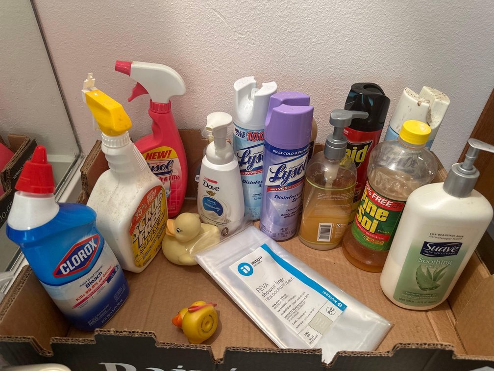 Mixed Lot of Bathroom Cleaners, Hand Soap & Body Lotion, and Shower Curtain