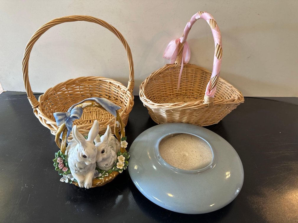 Mixed Lot of Baskets, Decorative Bunny Basket, and Vase