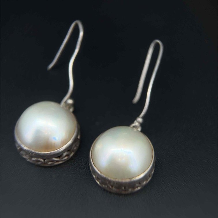 Sterling Silver Circular Pearl Pendant Drop Earrings