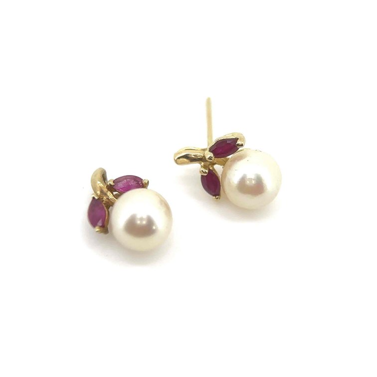14k Gold Pearl and Ruby Leafy Stud Earrings