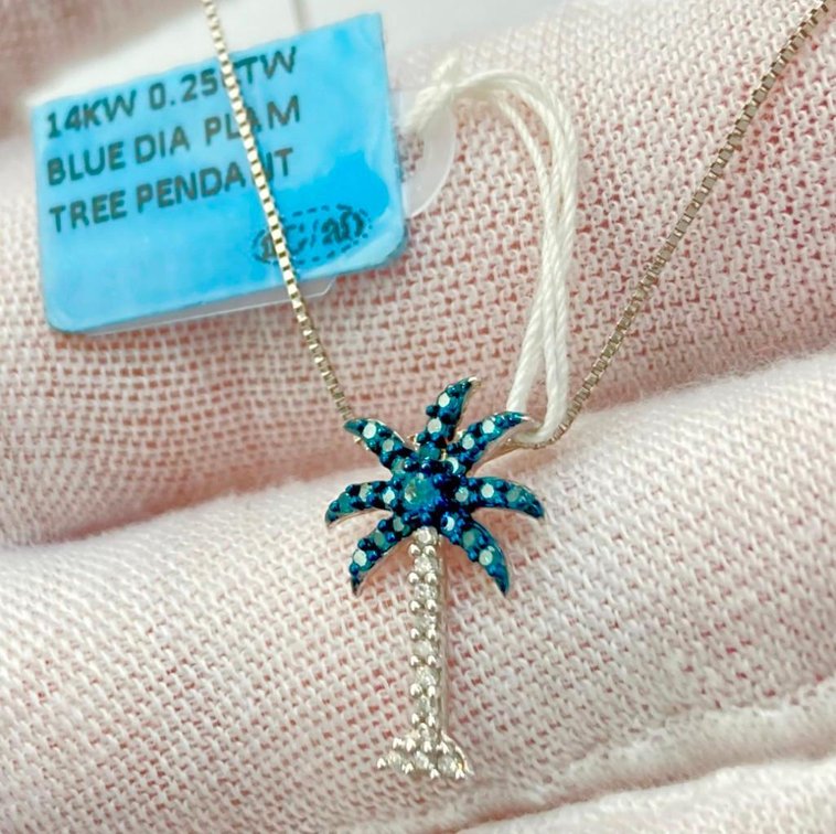 New 14K Fine White Gold Palm Tree Pendant with Blue and White Diamonds